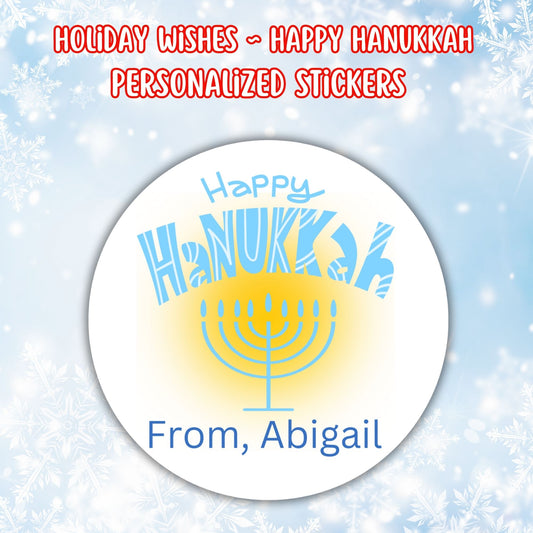 This image shows the Personalized Holiday Stickers - Happy Hanukkah.