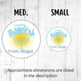 Load image into Gallery viewer, This image shows medium and small Personalized Holiday Stickers - Happy Hanukkah next to each other.