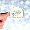 Load image into Gallery viewer, This image shows a hand holding the Personalized Holiday Stickers - Happy Hanukkah Blue.