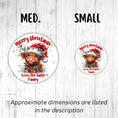 Load image into Gallery viewer, This image shows medium and small Personalized Holiday Stickers - Highland Cow Christmas next to each other.