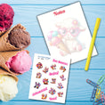 Load image into Gallery viewer, This image shows the Chibi Lamb notepad with a sample pen (pen colors are randomly selected to complement each note pad), and the included sticker sheet as part of the Animals with Ice Cream Notepads.