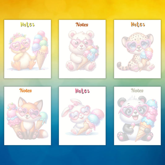 This image shows the Duck, Bear, Leopard, Fox, Bunny, and Panda designs available in the Animals with Ice Cream Notepads