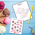 Load image into Gallery viewer, This image shows the Chibi Bunny notepad with a sample pen (pen colors are randomly selected to complement each note pad), and the included sticker sheet as part of the Animals with Ice Cream Notepads.