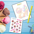 Load image into Gallery viewer, This image shows the Chibi Duck notepad with a sample pen (pen colors are randomly selected to complement each note pad), and the included sticker sheet as part of the Animals with Ice Cream Notepads.