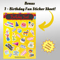 Load image into Gallery viewer, This image shows the Birthday Fun sticker sheet that is included with each order.
