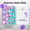Load image into Gallery viewer, This image shows the magical world sticker sheet included as a party favor, the cellophane bag, and the personalized paper thank you sticker.