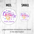 Load image into Gallery viewer, This image shows medium and small Personalized Holiday Stickers - Merry Christmas Purple next to each other.