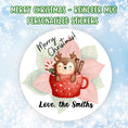 Load image into Gallery viewer, This cover page shows the personalized holiday sticker on a snowflake background.