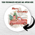 Load image into Gallery viewer, This image shows the holiday sticker with an arrow showing where your personalized message will be printed.