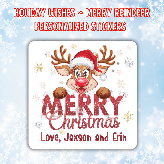 This image shows the Personalized Holiday Stickers - Merry Reindeer.