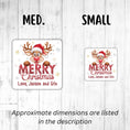 Load image into Gallery viewer, This image shows medium and small Personalized Holiday Stickers - Merry Reindeer next to each other.