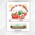 Load image into Gallery viewer, This image shows the Gnome for the Holidays money card with money tube attached.