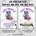 Load image into Gallery viewer, This image shows how to attach the money tube to the Raccoon Birthday money card.