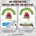 Load image into Gallery viewer, This image shows how to attach the money tube to the Birthday Cake money card.