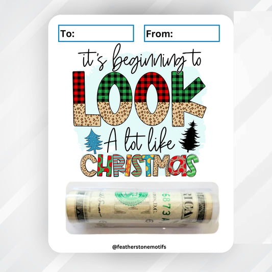 This image shows the money tube attached to the Beginning to Look a lot Like Christmas Money Card.