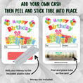 Load image into Gallery viewer, This image shows how to attach the money tube to the Birthday Presents Money Card.