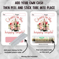 Load image into Gallery viewer, This image shows how to attach the money tube to the Cheers to the Happy Couple Money Card.