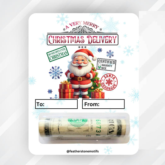This image shows the money tube attached to the Christmas Delivery Money Card.