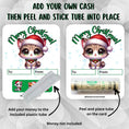 Load image into Gallery viewer, This image shows how to attach the money tube to the Christmas Kitten Money Card.