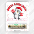Load image into Gallery viewer, This image shows the money tube attached to the Christmas Penguin Money Card.