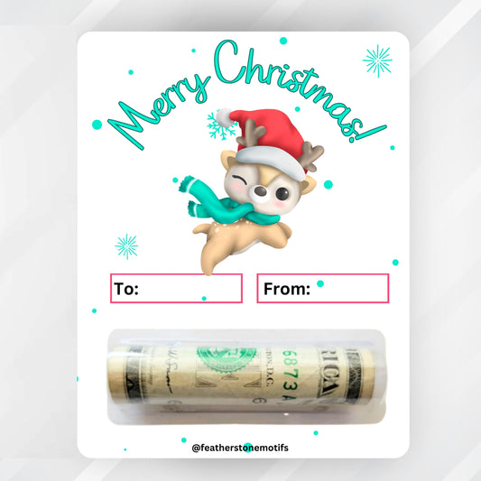 This image shows the Christmas Reindeer money card with the money tube attached.