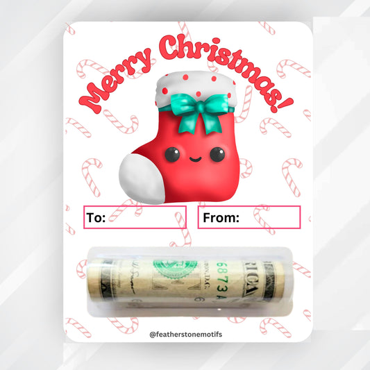 This image shows the money tube attached to the Christmas Stocking Money Card.