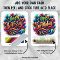Load image into Gallery viewer, This image shows how to attach the money tube to the Birthday Color Explosion! Card Kit.