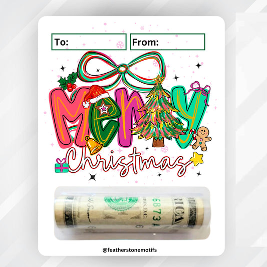 This image shows the money tube attached to the Colorful Christmas Money Card.