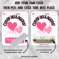 Load image into Gallery viewer, This image shows how to attach the money tube to the Congratulations Pink Hearts Money Card Kit.