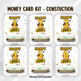 Load image into Gallery viewer, This image shows all six of the Construction Birthday Money Card sets with money tubes attached.