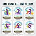 Load image into Gallery viewer, This image shows all six Dino Birthday Money Card sets with the money tube attached.