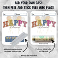 Load image into Gallery viewer, This image shows how to attach the money tube to the Happy Retirement 4 Retirement Money Card Kit.
