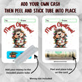 Load image into Gallery viewer, This image shows how to attach the money tube to the Hedgehog Christmas Money Card.