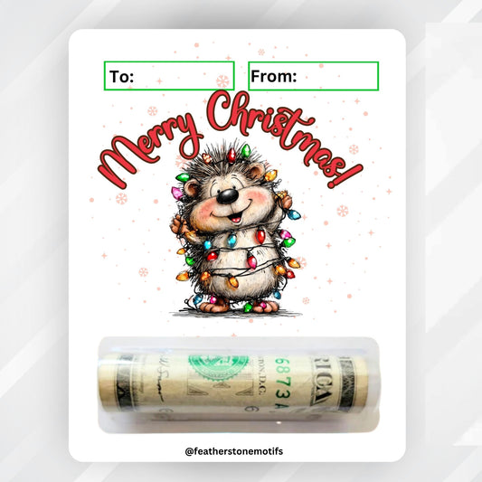 This image shows the money tube attached to the Hedgehog Christmas Money Card.