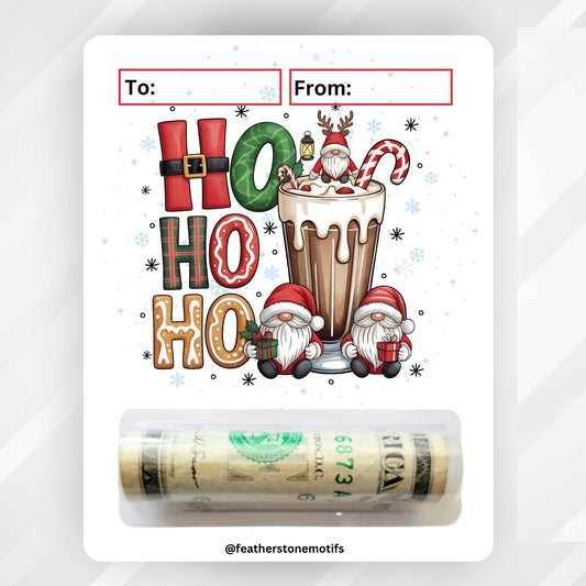This image shows the money tube attached to the Ho Ho Ho Gnome Money Card.