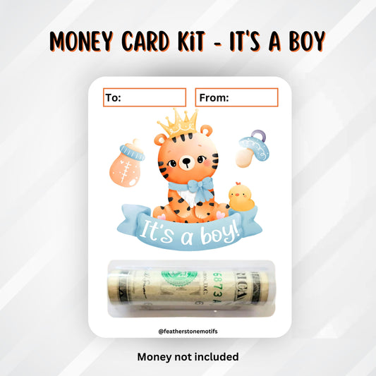 This image shows the money tube attached to the It's a boy Money Card.