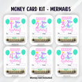 Load image into Gallery viewer, This image shows all six Mermaid Birthday Money Card sets with money tubes attached.