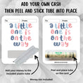 Load image into Gallery viewer, This image shows how to attach the money tube to the Little one on the way Money Card.