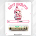Load image into Gallery viewer, This image shows the Pink Snowman money card with money tube attached.