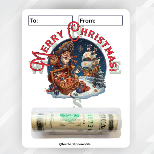This image shows the money tube attached to the Pirate Christmas Money Card.