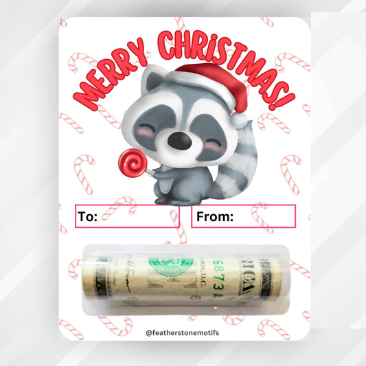 This image shows the money tube attached to the Christmas Raccoon Money Card.
