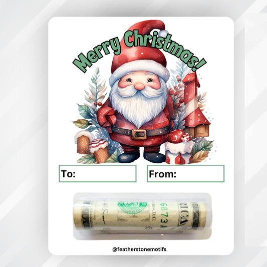 This image shows the Santa Christmas money card with money tube attached.