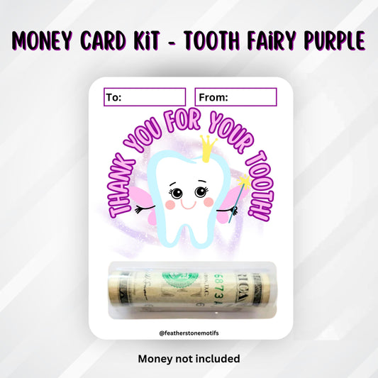 This image shows the money tube attached to the Tooth Fairy Purple Money Card.