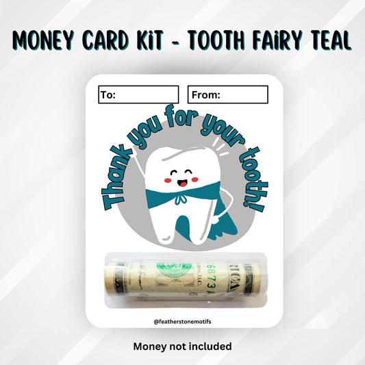 This image shows the money tube attached to the Tooth Fairy Teal Money Card.