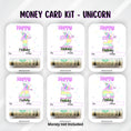 Load image into Gallery viewer, This image shows all six Unicorn Birthday Money Cards with money tubes attached.
