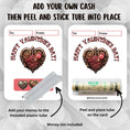 Load image into Gallery viewer, This image shows how to attach the money tube to the Steampunk Heart Valentine Money Card.