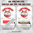 Load image into Gallery viewer, This image shows how to attach the money tube to the Warm Wishes Owl Money Card.