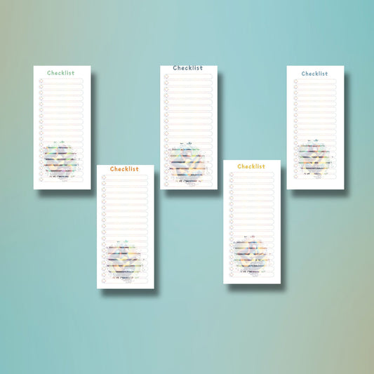 This image show all 5 of the designs in the Checklist Notepad - Monkey Playing Guitar.