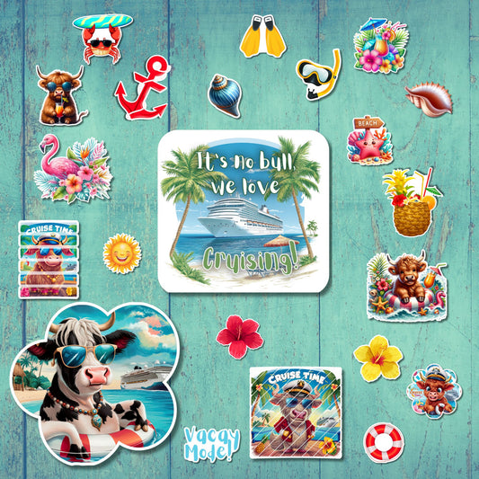 This image shows the full 22 No Bull Cruise Magnet set with the "It's no bull, we love Cruising!" option.