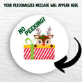 Load image into Gallery viewer, This image shows the holiday sticker with an arrow showing where your personalized message will be printed.